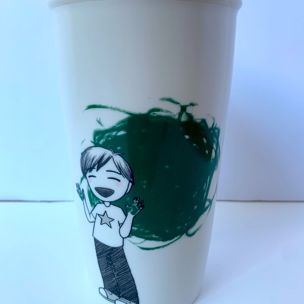 Starbucks 12oz 2015 Dot Colletion Green Finger Paint Boy Ceramic Mug with Lid